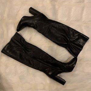 Black Leather Knee-High Heeled Boots